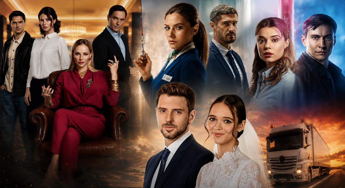 Коллаж с персонажами украинских сериалов «Сокровища», «Ключи от правды», «Парочка следователей» и «Обратное направление», которые стали доступны для бесплатного просмотра онлайн на YouTube
