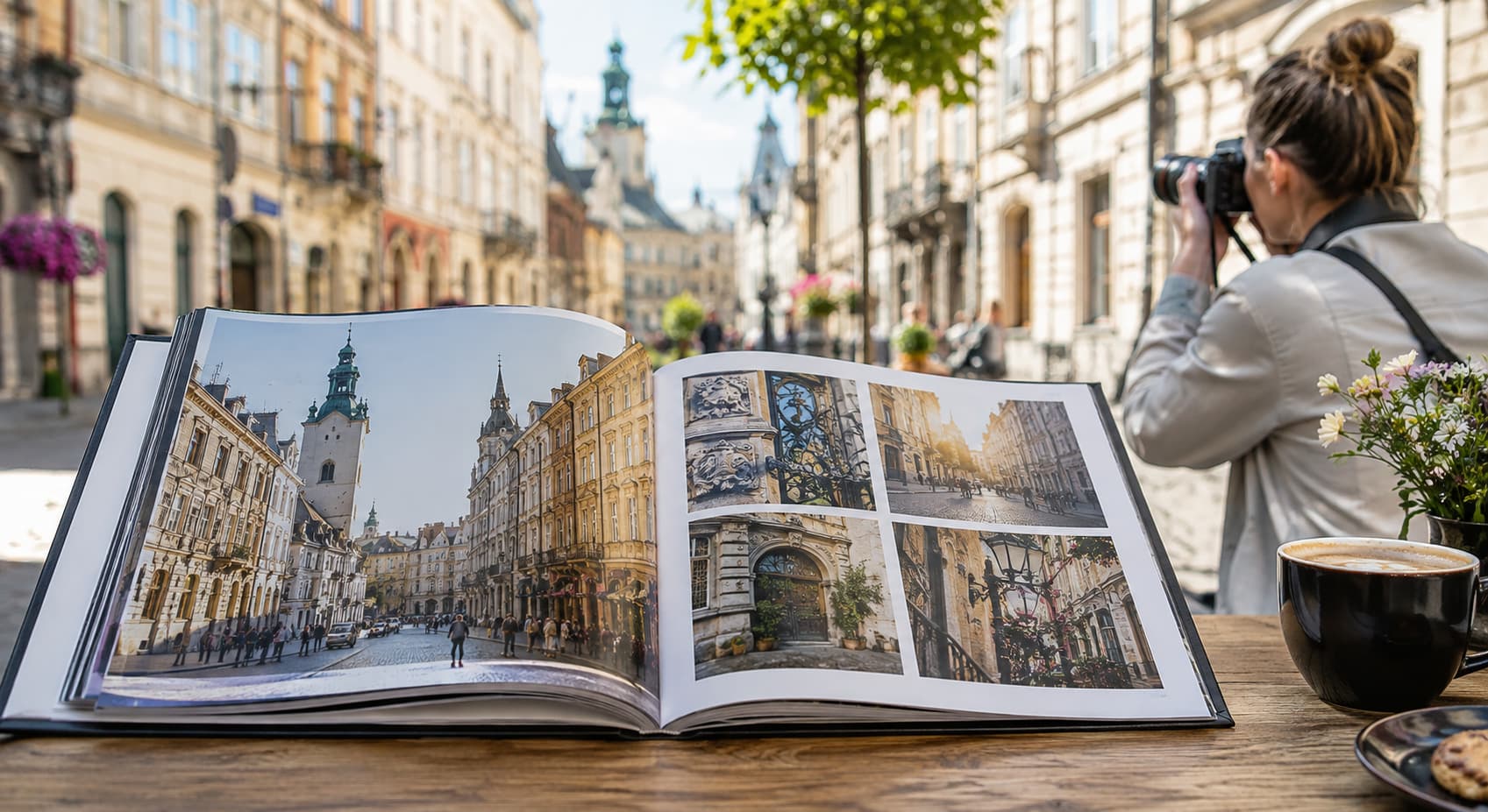 Друкована фотокнига про Львів з архітектурними кадрами та дівчина, яка фотографує місто