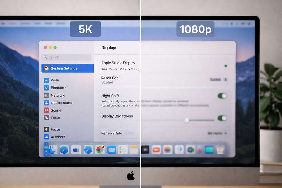 сравнение качества изображения 5K и 1080p на мониторе Apple с разной четкостью текста