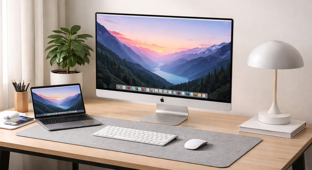 минималистичное рабочее место с монитором Apple, MacBook и клавиатурой на столе