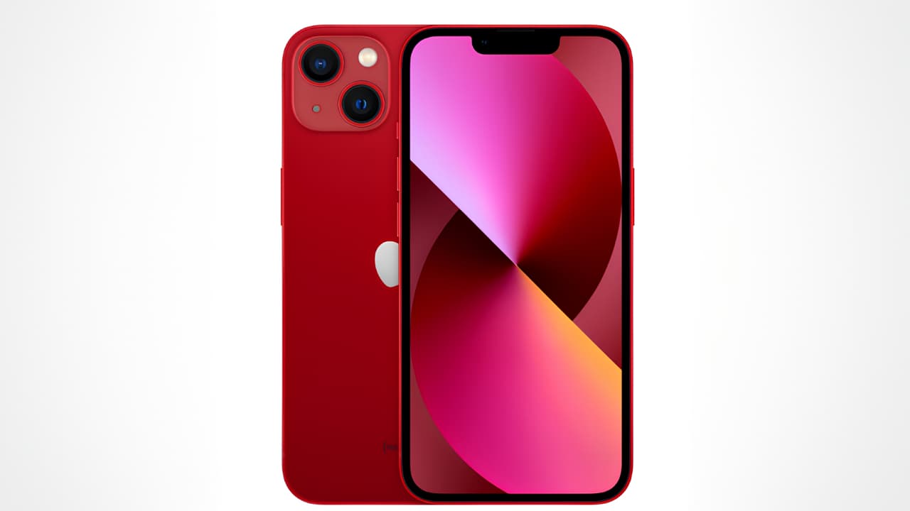 Червоний смартфон iPhone з екраном, що відображає абстрактний рожево-червоний фон, на задній панелі видно подвійні камери та логотип Apple.