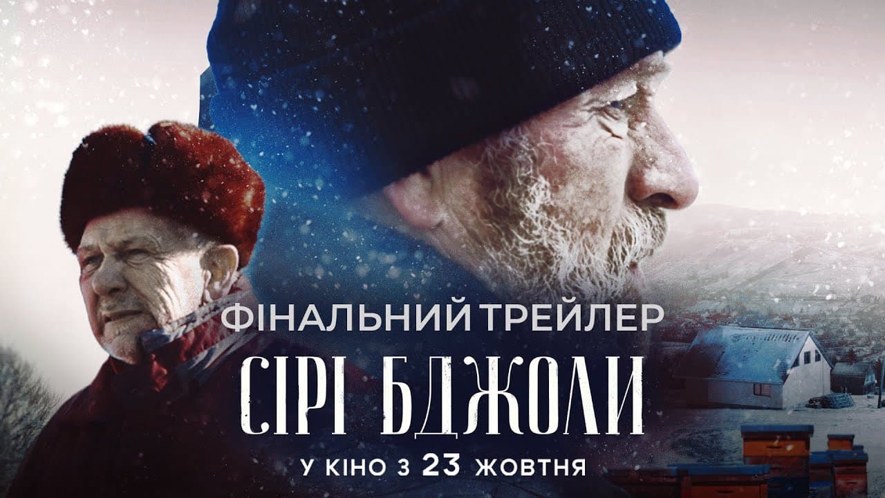 Постер фільму «Сірі бджоли»: крупні плани двох літніх чоловіків у зимовому пейзажі, снігопад і напис «Фінальний трейлер. У кіно з 23 жовтня».